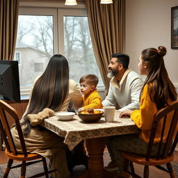 A family sitting at a breakfast table, each member clearly visible and watching TV