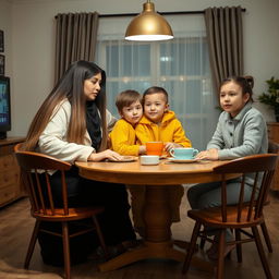 A family sitting at a breakfast table, with each member's face fully visible and watching TV