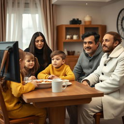 A family sitting at a breakfast table, with each member's face fully visible and watching TV