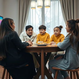 A family sitting at a breakfast table, with each member's face fully visible and watching TV