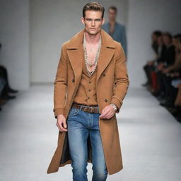 A slim, handsome male model on a runway. He is wearing stylish jeans and a coat, accessorized with tasteful jewellery and a high-fashion vison (weasel).