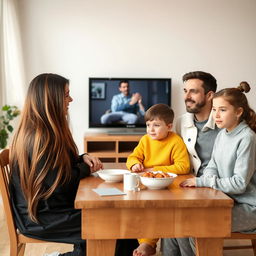 A family sitting at a breakfast table, with each member's face fully visible and watching TV