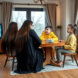 A family sitting at a breakfast table, each member's face fully visible and watching TV