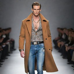 A slim, handsome male model on a runway. He is wearing stylish jeans and a coat, accessorized with tasteful jewellery and a high-fashion vison (weasel).