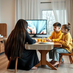 A family sitting at a breakfast table, each member's face fully visible and watching TV