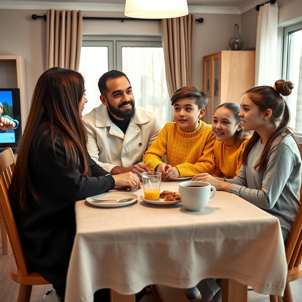 A family sitting at a breakfast table, each member's face fully visible and watching TV