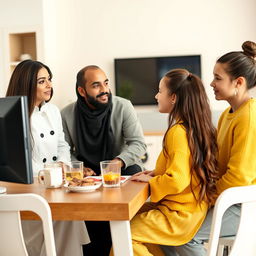 A family sitting at a breakfast table, each member's face fully visible and watching TV