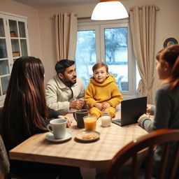 A family sitting at a breakfast table watching television, with all their faces fully visible