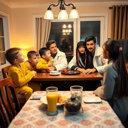 A family sitting at a breakfast table watching television, with all their faces fully visible