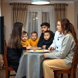 A family sitting at a breakfast table watching television, with all their faces fully visible