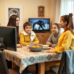 A family sitting at a breakfast table watching television, with all their faces fully visible