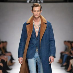 A slim, handsome male model on a runway. He is wearing stylish jeans and a coat, accessorized with tasteful jewellery and a high-fashion vison (weasel).