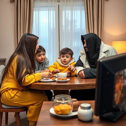 An Arab family having breakfast at the table