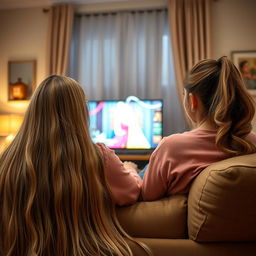 An Arab mother and her teenage daughter sitting on a sofa, watching TV