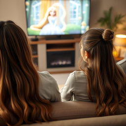 An Arab mother and her teenage daughter sitting on a sofa, watching TV