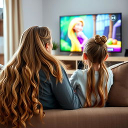 A scene depicting a mother with very long, soft, and flowing hair sitting on the couch with her teenage daughter, who has her hair tied up