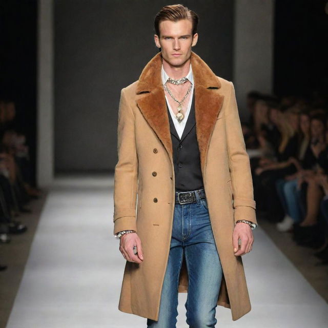 A slim, handsome male model on a runway. He is wearing stylish jeans and a coat, accessorized with tasteful jewellery and a high-fashion vison (weasel).