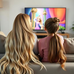 A scene depicting a mother with very long, soft, and flowing hair sitting on the couch with her teenage daughter, who has her hair tied up