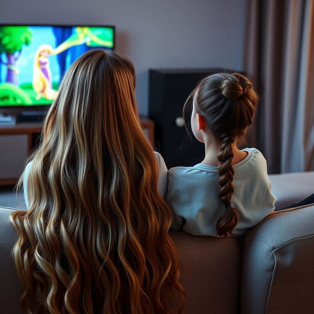 A scene depicting a mother with very long, soft, and flowing hair sitting on the couch with her teenage daughter, who has her hair tied up