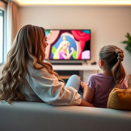 A scene depicting a mother with very long, soft, and flowing hair sitting on the couch with her teenage daughter, who has her hair tied up