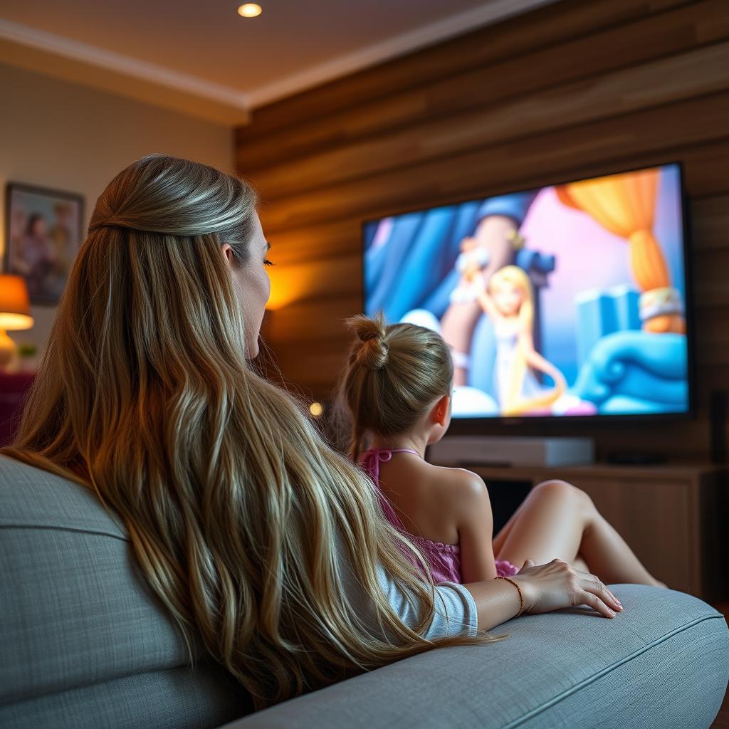 A scene depicting a mother with very long, soft, and flowing hair sitting gracefully on the couch with her teenage daughter, who has her hair neatly tied up