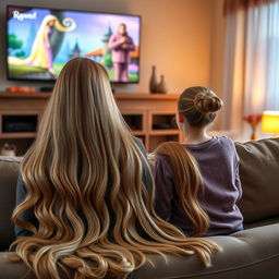 A scene depicting a mother with very long, soft, and flowing hair sitting gracefully on the couch with her teenage daughter, who has her hair neatly tied up