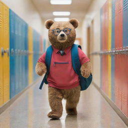 An endearing scene of a bear wearing glasses and a school backpack, navigating its way through a bustling middle school hallway filled with lockers, colorful notice boards and school-related paraphernalia.