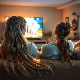 A scene depicting a mother with very long, soft, and flowing hair sitting gracefully on the couch with her teenage daughter, who has her hair neatly tied up