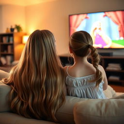 A scene featuring a mother with long and silky hair, effortlessly flowing and not tied, sitting on the couch with her teenage daughter, who has her hair neatly tied