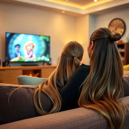 A scene featuring a mother with long and silky hair, effortlessly flowing and not tied, sitting on the couch with her teenage daughter, who has her hair neatly tied