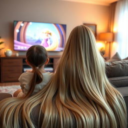 A scene depicting a mother with extremely long, silky, and flowing hair sitting on the couch with her teenage daughter, who has her hair tied