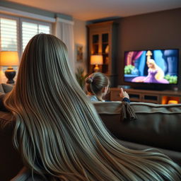 A scene depicting a mother with extremely long, silky, and flowing hair sitting on the couch with her teenage daughter, who has her hair tied