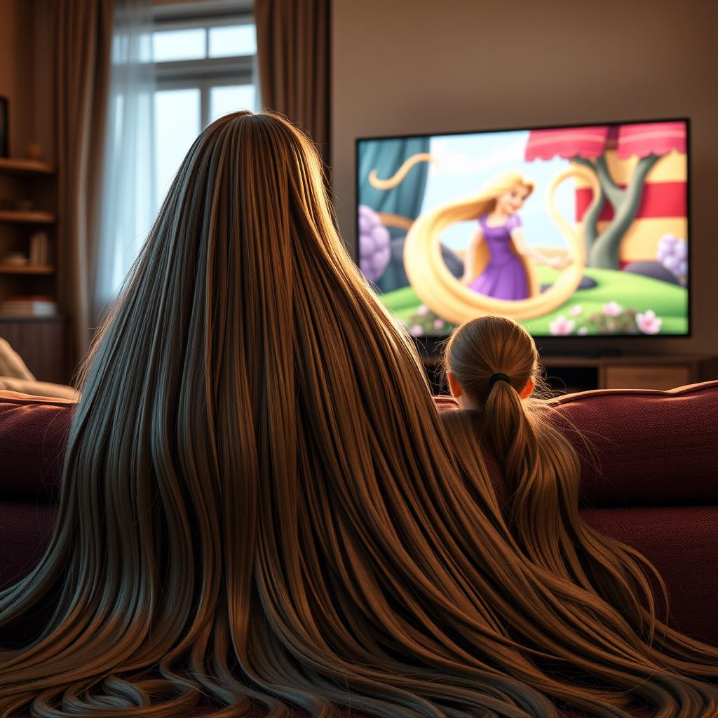 A scene depicting a mother with extremely long, silky, and flowing hair sitting on the couch with her teenage daughter, who has her hair tied