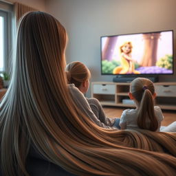 A scene depicting a mother with extremely long, silky, and flowing hair sitting on the couch with her teenage daughter, who has her hair tied