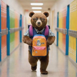 An endearing scene of a bear wearing glasses and a school backpack, navigating its way through a bustling middle school hallway filled with lockers, colorful notice boards and school-related paraphernalia.