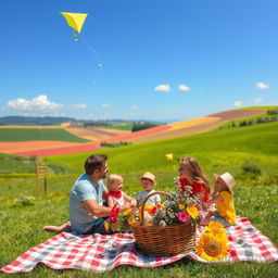 a serene landscape of a countryside with vibrant colors, rolling hills, and a clear blue sky