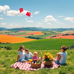 a serene landscape of a countryside with vibrant colors, rolling hills, and a clear blue sky