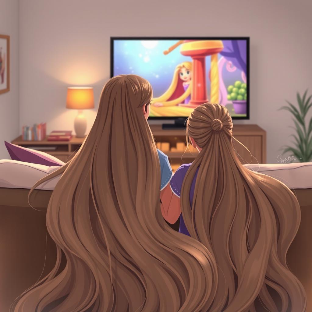 A scene illustrating a mother with extremely long, silky, and loose hair, sitting comfortably on the couch with her teenage daughter, who has her hair elegantly tied