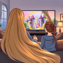 A scene illustrating a mother with extremely long, silky, and loose hair, sitting comfortably on the couch with her teenage daughter, who has her hair elegantly tied