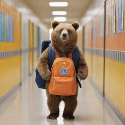 An endearing scene of a bear wearing glasses and a school backpack, navigating its way through a bustling middle school hallway filled with lockers, colorful notice boards and school-related paraphernalia.