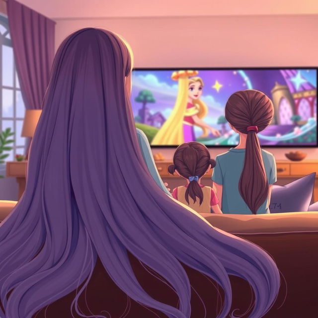 A scene illustrating a mother with extremely long, silky, and loose hair, sitting comfortably on the couch with her teenage daughter, who has her hair elegantly tied