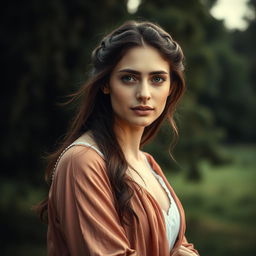 a beautiful woman standing gracefully, captured in classic Renaissance art style, with soft lighting highlighting her features, emphasizing purity and elegance, surrounded by a serene natural background