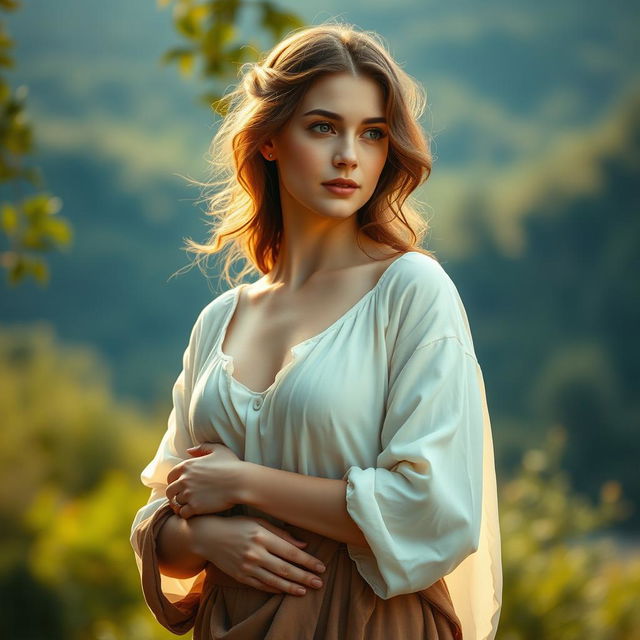 a beautiful woman standing gracefully, captured in classic Renaissance art style, with soft lighting highlighting her features, emphasizing purity and elegance, surrounded by a serene natural background