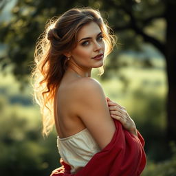 a beautiful woman standing gracefully, captured in classic Renaissance art style, with soft lighting highlighting her features, emphasizing purity and elegance, surrounded by a serene natural background