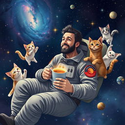 A man enjoying a cup of coffee while floating in space, surrounded by whimsical cats of various breeds