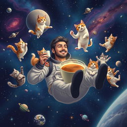 A man enjoying a cup of coffee while floating in space, surrounded by whimsical cats of various breeds