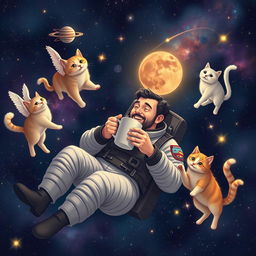 A man enjoying a cup of coffee while floating in space, surrounded by whimsical cats of various breeds