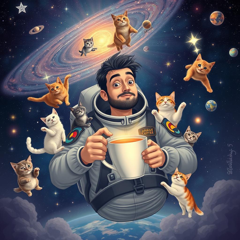 A man enjoying a cup of coffee while floating in space, surrounded by whimsical cats of various breeds