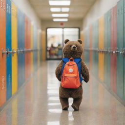 An endearing scene of a bear wearing glasses and a school backpack, navigating its way through a bustling middle school hallway filled with lockers, colorful notice boards and school-related paraphernalia.