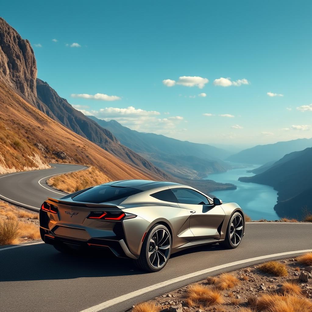 A unique and futuristic CUV blending the sleek design elements of a Corvette C8 and a Polestar 4, featuring a four-door configuration